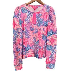 Lilly Pulitzer Jansen Sweatshirt Pink Blue Floral Tropical Resort Size S NWT